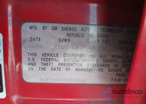 2006 Chevrolet Aveo Ls from USA, damaged, VIN KL1TD66626B669245